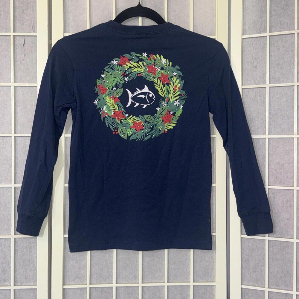 Southern Tide Youth Long Sleeve‎ Shirt Holiday Navy Wreath Preppy Size M 8-10